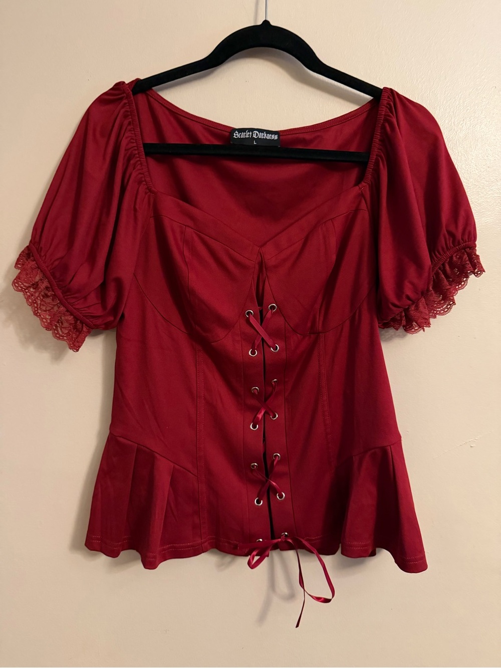 Scarlet Darkness Red Lace-Up Puff Sleeve Blouse